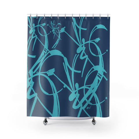 A Prime Posey Shower Curtain Teal on Smoke Blue